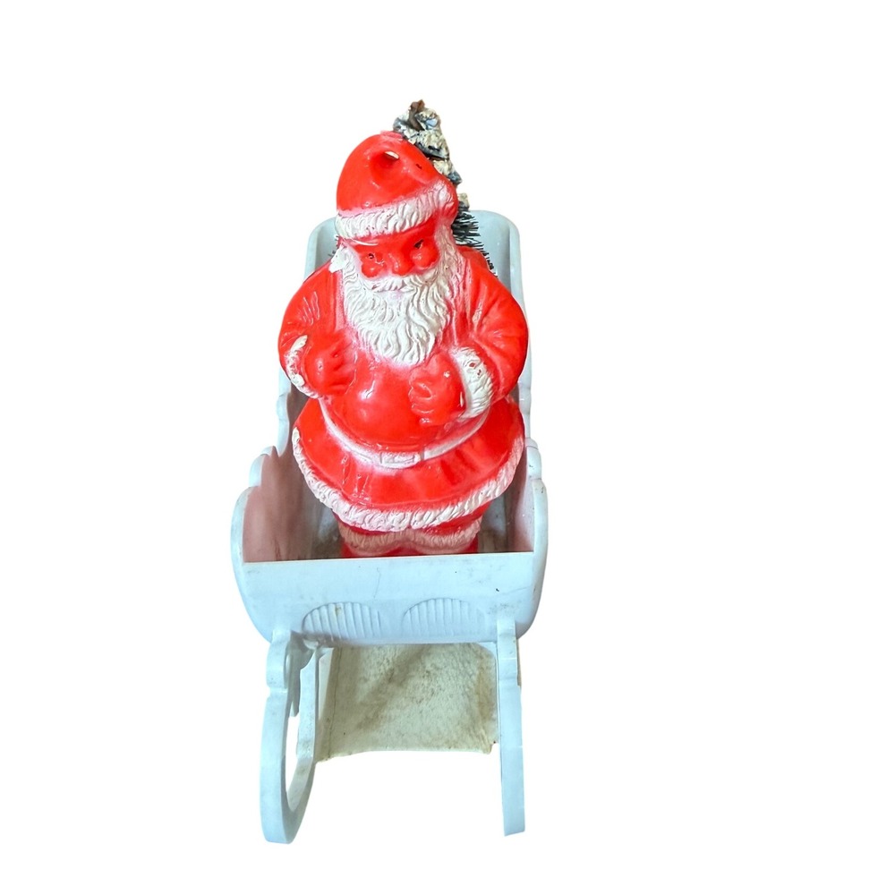 VTG Santa Claus Plastic in White Sleigh w/Bottle Brush Tree Christmas Decoration